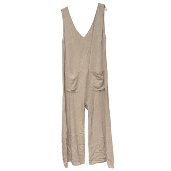 Bumpsuit Maternity Beige Linen WideLeg Pocket Sleeveless Romper Jumpsuit XS Boho - Picture 4 of 9